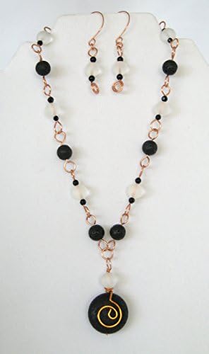 Black Lava Stone White Quarzite Copper Wire Wrapped Necklace Earring Set