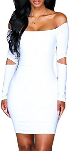 GRMO Women's Sexy Off Shoulder Long Sleeve Clubwear Bodycon Midi Dress White US XS