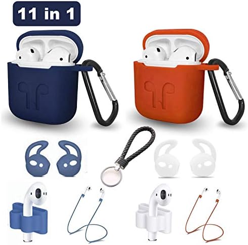 Airpods Case, Airpods Accessories Kits, 10 in 1 Protective Silicone Cover Skin Apple Airpods Anti-Lost Airpods Strap, Airpods Watch Band Holder, Airpods Ear Hook (Dark Blue Orange)
