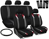 Oxgord 17pc Set Flat Cloth Mesh / Red, Gray & Black Auto Seat Covers Set - Airbag Compatible - Front Low Back Bucket Seats - Universal Fit for Car, Truck, SUV, Van - FREE Steering Wheel Cover
