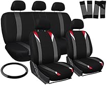 Oxgord 17pc Set Flat Cloth Mesh / Red, Gray & Black Auto Seat Covers Set - Airbag Compatible - Front Low Back Buckets - 50/50 or 60/40 Rear Split Bench - 5 Head Rests - Universal Fit for Car, Truck, Suv, or Van - FREE Steering Wheel Cover