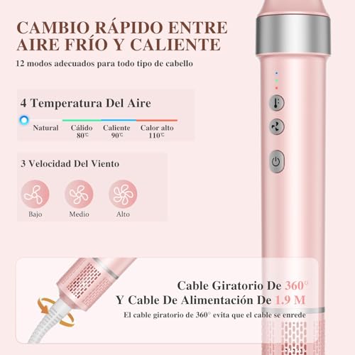 Secadora de Cabello 6 En 1 Profesional, 150,000 RPM Cepillo Secador de Cabello, Temperatura Ajustable Y Velocidades, Estilizador de Cabello con 6 Accesorios para Secado, Rizado, Alisado Y Voluminizar