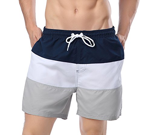 YKC Men's Quick Dry Swim Trunks Color Block Beach Shorts with Mesh Liner Grey M