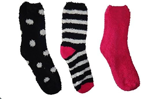 Women's Supersoft Cozy Fuzzy Winter Crew Socks (3 Pairs) (Pink dots)