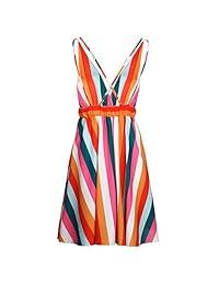 LONGTA Vestido de verano para mujer, sin espalda, colorido, vestido de playa, sexy, profundo vestido en V, a la moda, delgado, informal, a rayas