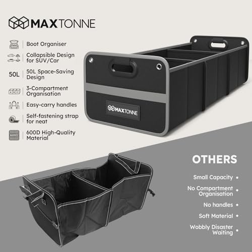 Maxtonne Car Boot Organiser, Heavy-Duty 600D Oxford Collapsible Storage Box with 3- Compartments & Securing Straps, Foldable Tidy for SUV/Hatchback/Estate Car (50L)