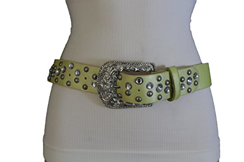 TFJ Women Western Fashion Belt Silver Metal Buckle Studs M L Yellow Green