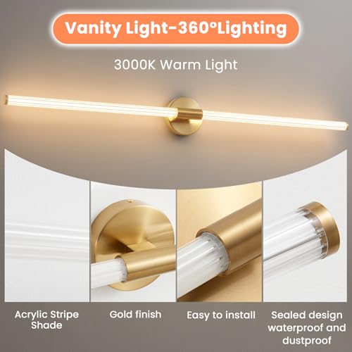 Luces de tocador de baño doradas de 47 pulgadas de largo, accesorios de iluminación para baño sobre espejo, con cableado fijo, LED regulable, iluminación completa de 360°, barra de luz de tocador