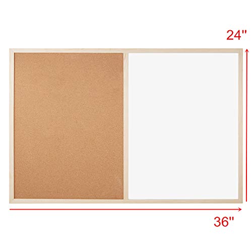 Whiteboard and Cork Board Combo 36 x 24 + 1 Magnetic Dry Eraser, 4 Colorful Marker Pens and 4 Magnets - Magnetic Combination Board for Home and Office