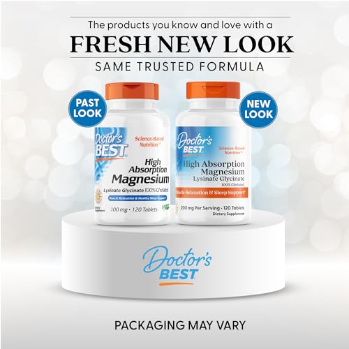 DOCTOR’S BEST HIGH ABSORPTION MAGNESIUM GLYCINATE LYSINATE SUPPLEMENT – 100% CHELATED FOR MAXIMUM ABSORPTION – MAGNESIUM FOR SLEEP AND MUSCLE RELAXATION – 200 MG PER SERVING – 120 TABLETS