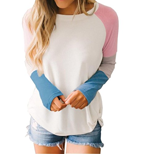 Click Here to See More Images Womens Long Sleeve Pullover Color block Casual Tops Sweatshirt Blouse (US8/L, Pink)