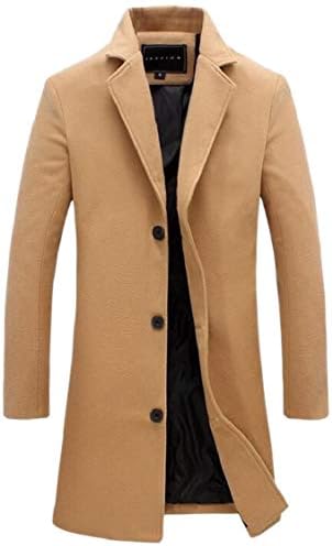 XQS Mens Long Jacket Lapel Single Breasted Solid Color Winter Trench Coat Pea Coat