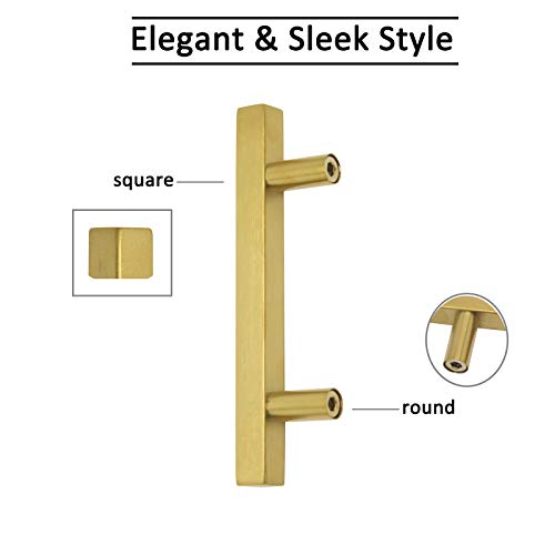 Brushed Brass Drawer Pulls 3" 76mm Pack of 12 Kitchen Furniture Hardware Bathroom Cupboard Door Pull Handles Gold Cabinet Knobs T Square Bar Handle 5" 128mm Length