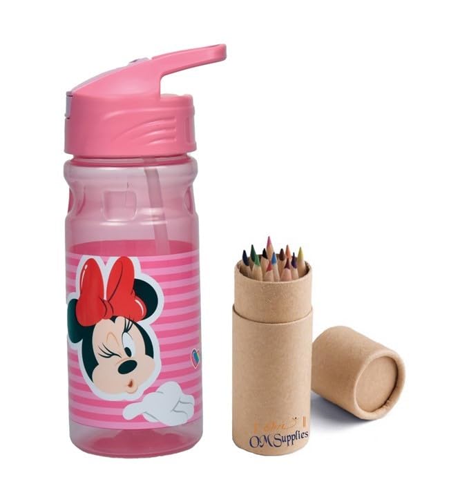 OM SUPPLIES Characters Reusable Pop Up Water Bottle Drink Bottle Flask with Cord for Easy Carry School Lunch Kids Childrens 500ml Includes Half Size 12pcs Pencil Set (Minnie) — image 1