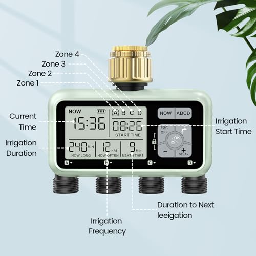 Johgee Watering Programmer, 4 Outlets with Brass Inlets, Digital Water Timer with Rain Delay, Automatic/Manual Watering Control for Garden Lawn