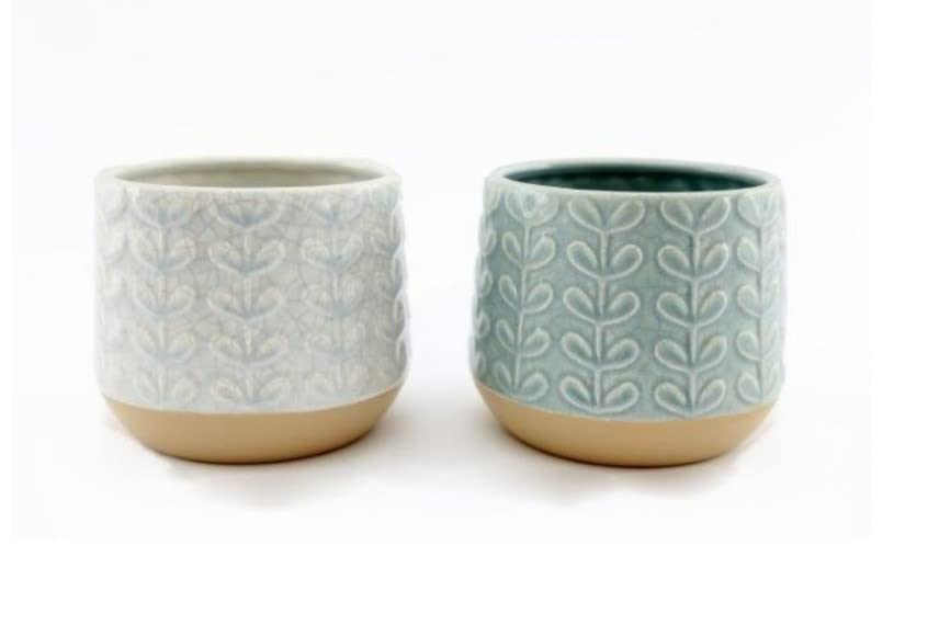 Set of 2 Contemporary Cracked Ceramic Effect Leaf Embossed Round Plant Pot/Planters - AQUA and PALE GREY - 11cm