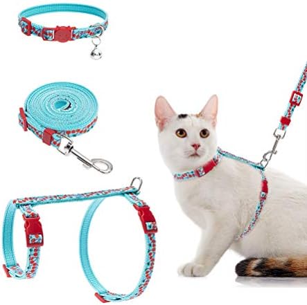 EXPAWLORER Cat Harness Leash Collar Set – H Style with Cherry Pattern, Adjustable Escape Proof for Outdoor Walking