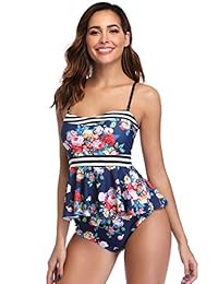 MARINAVIDA Traje de baño de dos piezas para dama Ruffle Top Retro Impreso Tankini Traje de baño de cintura alta Traje de baño de control de barriga
