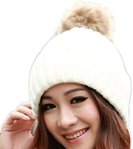 Fashion Swizze Women Winter Fur Ball Warm Hat Crochet Knitted Wool Cap (White)