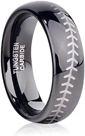 TUSEN JEWELRY Sports-Symbology Baseball Engraved 6mm Black Domed Tungsten Ring