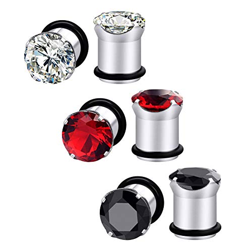 Longbeauty 2Pcs Single Flare Stainless Steel Red Zircon CZ Ear Tunnels Expander Plugs Gauges Stretcher with O-Ring