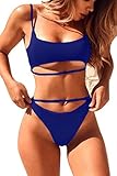 ESONLAR Womens High Cut 2pcs Swimsuit Scoop Neck Cropp Top Cutout Strappy Thong Bikini Suit Sapphire Blue M