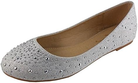 IYNX Womens Elisa-2 Silver Metallic Stones Flats 8