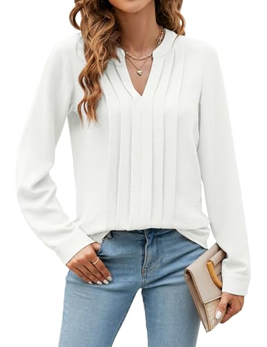 Photo 1 of Blooming Jelly Women's Dressy Casual Blouses Business Work Tops Trendy Long Sleeve V Neck Flowy Pleated Shirts 2024 Fall Outfits (White,Medium)