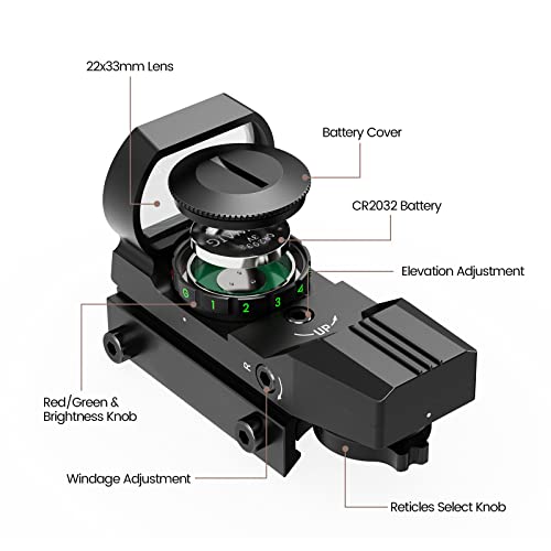 Reflex Sight, Red Green Dot Sight with 4 Reticles,Anti-Fog & Shockproof Aiming Scope Sight