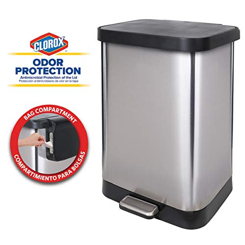 Glad 13 Gallon Stainless Steel Step Trash Can with Clorox Odor Protection of The Lid | Fits All 13G Garbage Waste Bags