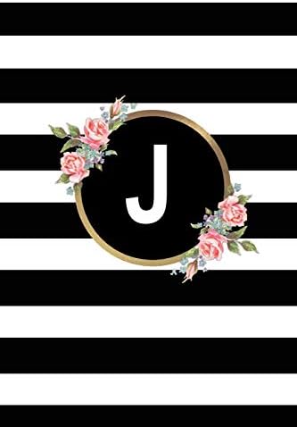 J: Letter J Monogram personalized Journal, Floral Black & white Stripe Monogrammed Notebook - Blank Lined 6x9 inch College Ruled 120 page perfect bound Glossy Soft Cover