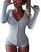 Moxeay V-Neck One Piece Bodysuit Long Sleeve Bodycon Rompers Small Gray