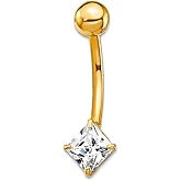 JewelryWeb 10K Gold 5mm Princess Square CZ Simulated Diamond Solitaire Belly Ring - 6mmx 23mm - Navel Piercing for women – Minimalist Belly Button rings