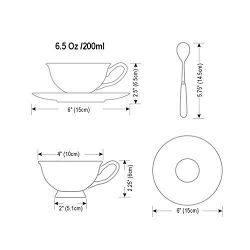 Panbado 3 Piece Bone China Coffee Tea Cup and Saucer Set with Spoon, 6.8 oz/200 ml, Yellow and Red Rose - Thumbnail 3
