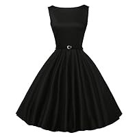 SFE Women Monochrome Audrey Hepburn Style Sleeveless Slim Fit Elegant Cocktail Dress Wedding Party Formal Swing Dresses (2XL, Black)