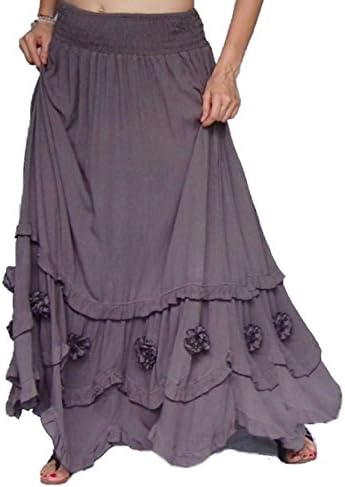 LOTUSTRADERS Maxi Skirt Smocked Waist Ruffled Roses Flowers Dusty Grey 3X W554