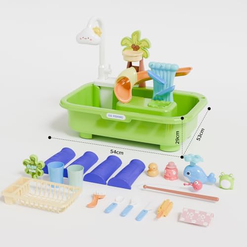 Sand and Water Table for Toddlers 1-3 - 22 Pcs Outdoor Water Play with Automatic Pump, Fishing & Kitchen Sink, 4L Large Capacity Sensory Bin, Summer Outdoor Toys for Kids Ages 1-3, Spring Green
