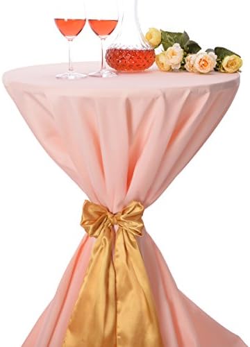 LOVWY 24 Inch (2 FT) Cocktail Round Tablecloth Seamless Polyester Fabric + Satin Sash for Decoration of Wedding Engagement Club Bar Outdoor Party (Light Pink, Gold Sash)