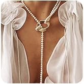 Chargances Gold Toggle Long Chain Necklace Pearl Beads Necklace Open Circle Coin Pendant Y Necklace for Women Vintage Jewelry