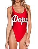 Women's Letter Print Backless One Piece Monokini Bikini (Medium, Red)