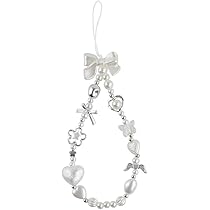 White Pearls Bow Beaded Phone Charm Keychains for Women Pearl