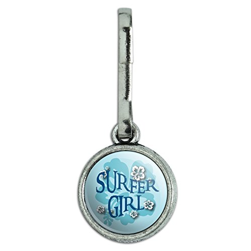 Antiqued Charm Clothes Purse Luggage Backpack Zipper Pull Beach Tropical - Surfer Girl Hibiscus Flowers