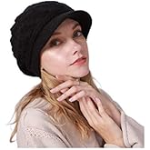 Blufly Winter Hats Cable Knitted Beanie Hat with Visor Beret Ribbed Ski Beanie Cap Slouchy Skull Hat Cap Headwear for Women and Girls (Black)