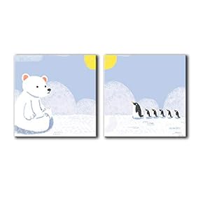 Square Canvas Wall Art of Polar Bear and a Waddle of Penguins Children Art | 12"x12" x 2 Panels