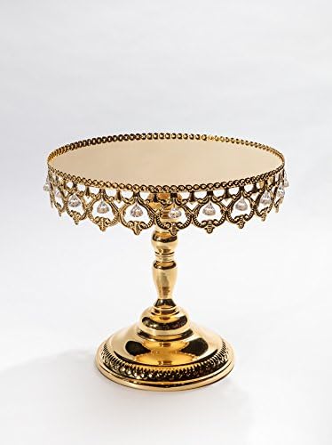 Opulent Treasures Shiny Crown 12 inch Round Metal Wedding Birthday Cake Dessert Stand with clear glass hanging jewels accents (Shiny Gold)