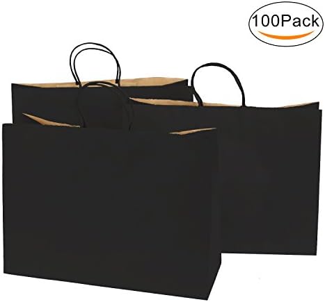 Road 16x6x12 Inches 100 Pcs Large Kraft Black Paper Bags with Handles, Shopping, Grocery, Mechandise, Party Bags