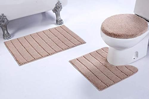 Luxury Home Collection 3 Piece Microfiber Bathroom Rug Set Non-Slip Bathroom Rug Contour, Mat and Toilet Lid Cover #670 (Beige, 3 PCE Set)