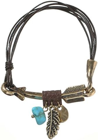 SRX JEWELRY Black PU Leather Gold Silver Plated Adjustable Arrow Feather Pendants Bracelet (Gold)