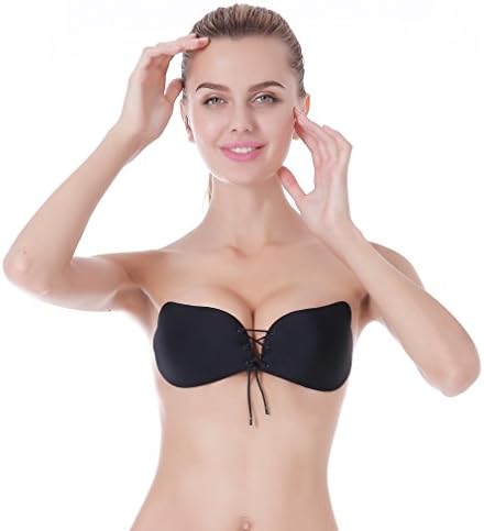 Fetoo Womens Reusable Invisible Strapless Backless Self Adhesive Wing Shape Bra (B, Tassel Black Wing)