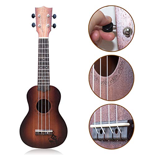YOLOPLUS+ 21 Inch Wooden Ukulele Guitar Soprano Kid's Toy 4 Strings Musical Instruments Educational Learning with Picks Primary Tutorial Backpack for Toddler Beginner Keep Tone Anti-Impact